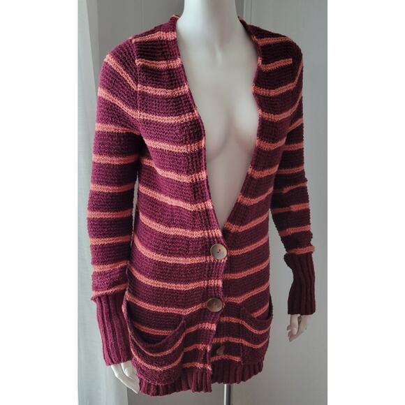 Free People Sz. XS Sweater Striped Cardigan Lightweight Big Button Pockets Long - Picture 13 of 16